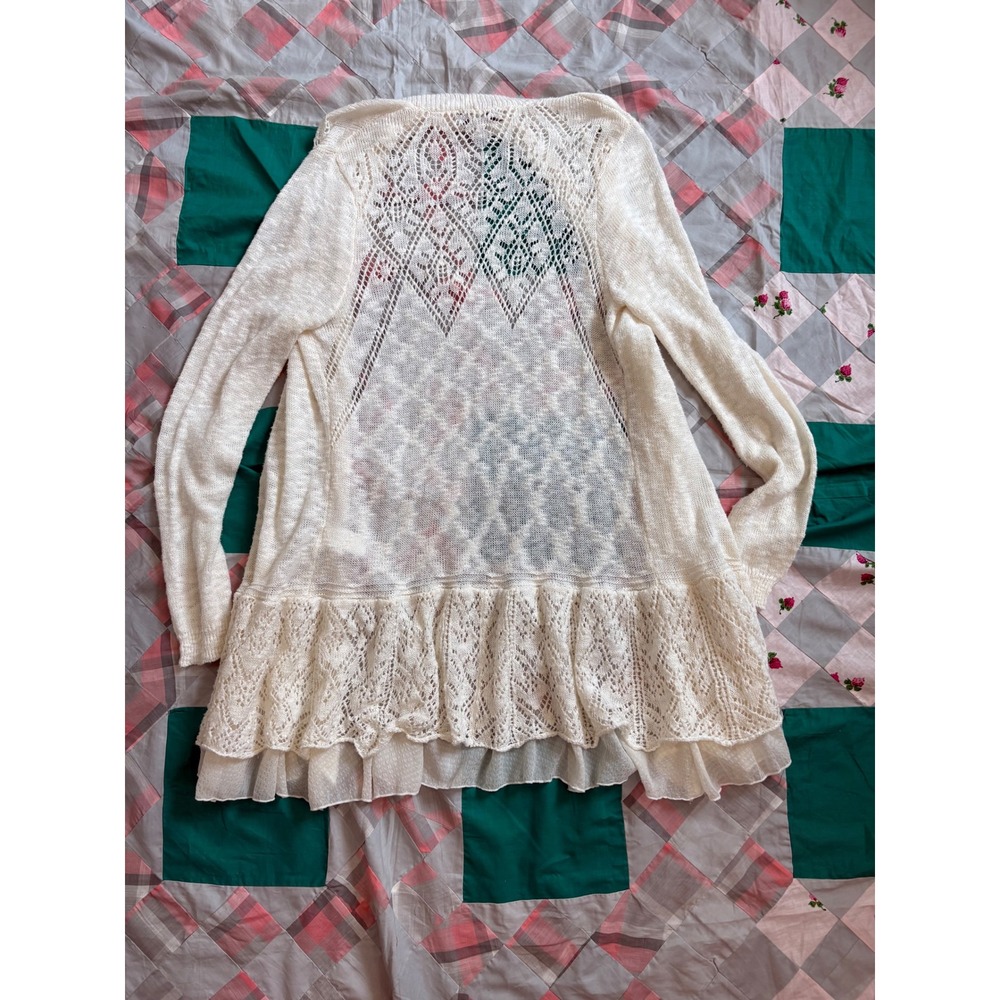 Vintage America Blues Cream Knitted Open Front Cardigan Ruffle Hem Small - Picture 2 of 6
